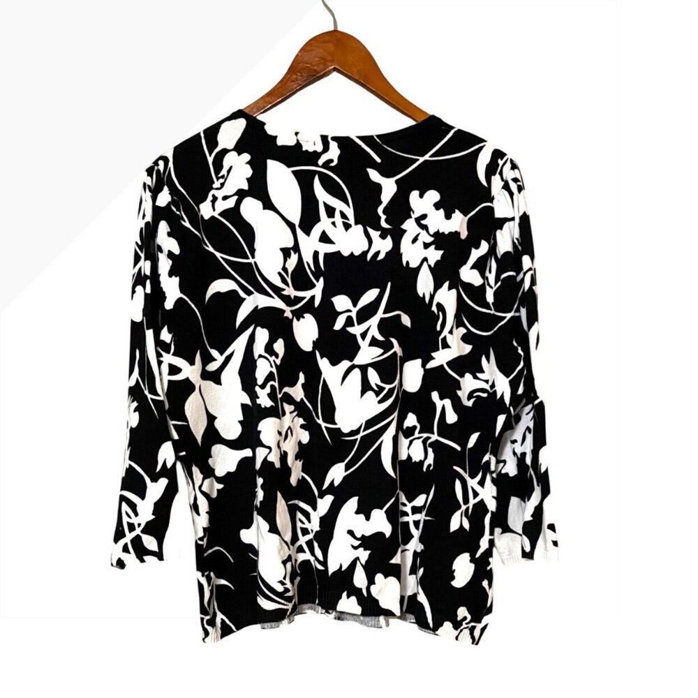 Notations Womens Black & White Floral Button-Up Cardigan Sweater XL 3/4 Sleeve - Picture 2 of 6